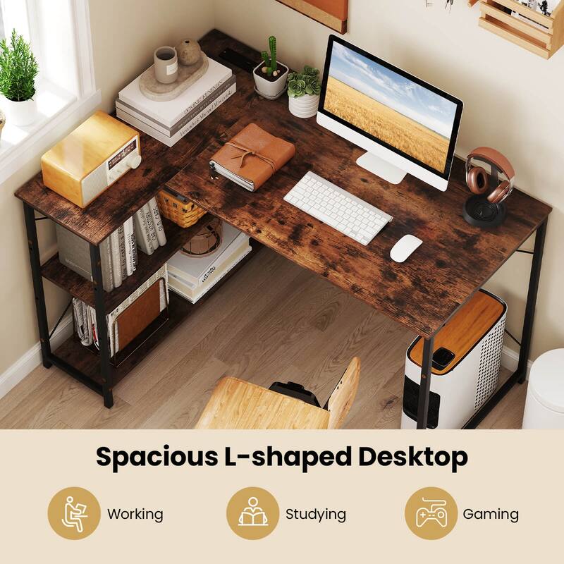 Costway L-Shaped Computer Desk with Power Outlets Adjustable shelf