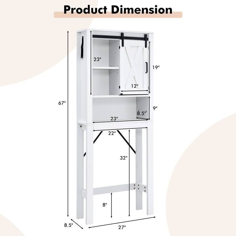 3-Tier White Over Toilet Bathroom Storage Cabinet Freestanding Organizer with Adjustable Shelves and Door - 27"W x 8.5"D x 67"H
