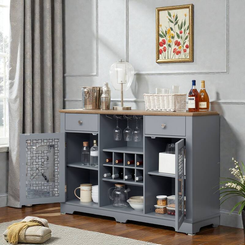 Modern Farmhouse Buffet Cabinet with Glass Doors, 2 Drawers, Wine Rack and Coffee Bar Storage, Light Blue and Light Oak
