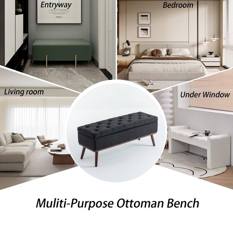 Linen Storage Ottoman Bench with Wood Legs, Upholstered Entryway Bench Tufted Mid Century Modern Ottoman Bedroom End of Bed