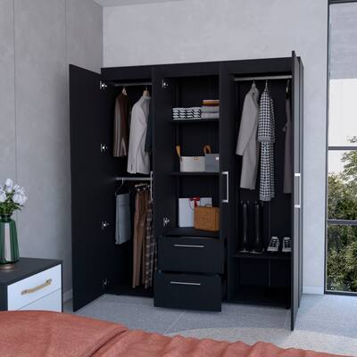Black All-In-One 4-Door Armoire with 2-drawers and 6-shelves, Rectangular Storage Cabinet with Hanging Rods & Metal Handles