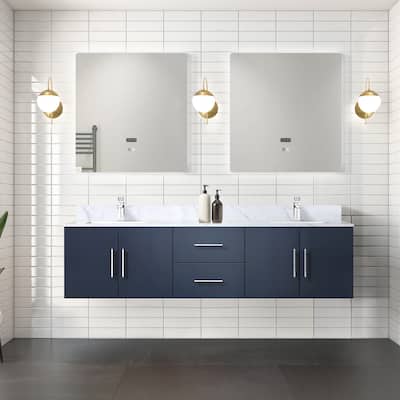Geneva 72 in. W x 22 in. D Navy Blue Double Bath Vanity and Carrara Marble Top