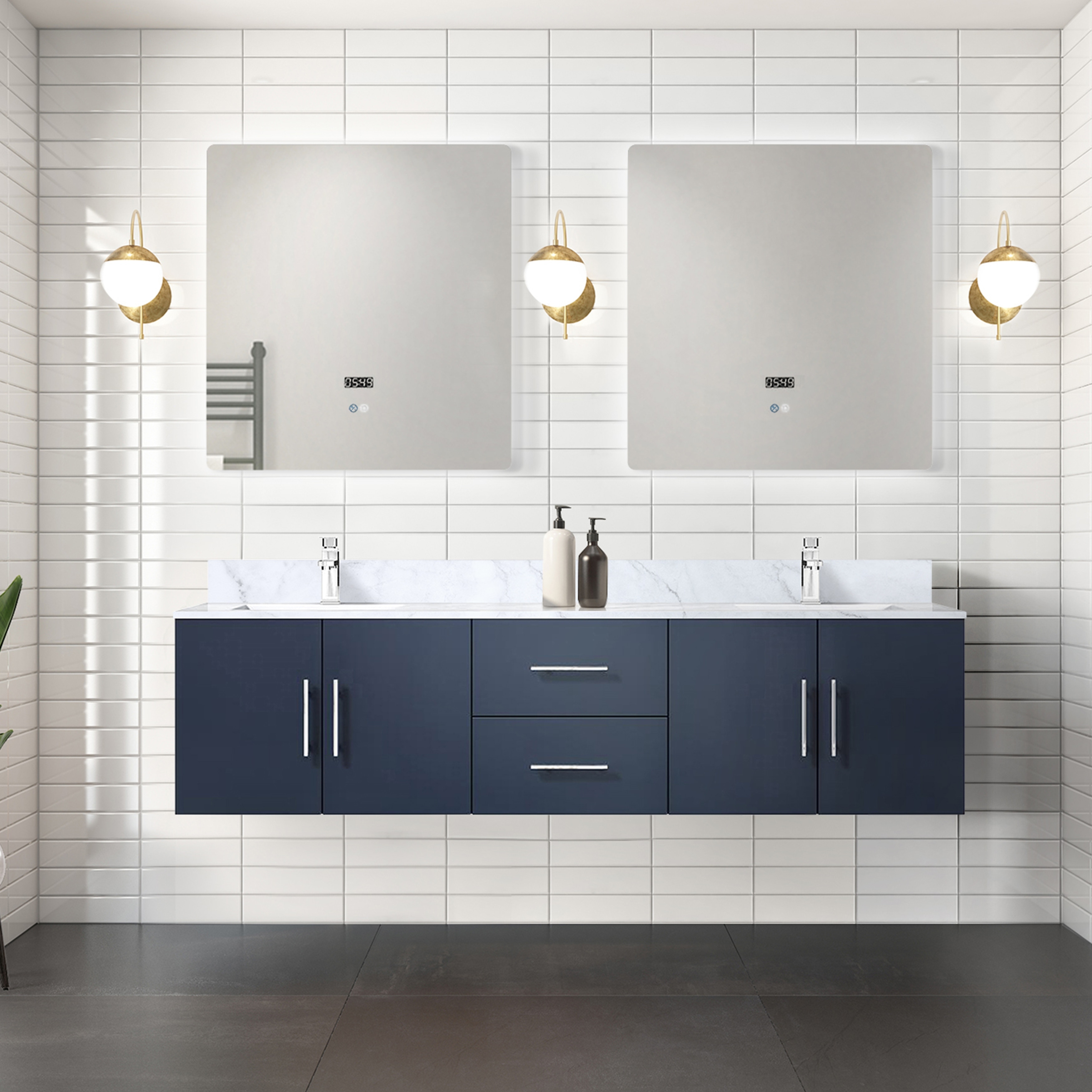 Geneva 72 in. W x 22 in. D Navy Blue Double Bath Vanity and Carrara Marble Top