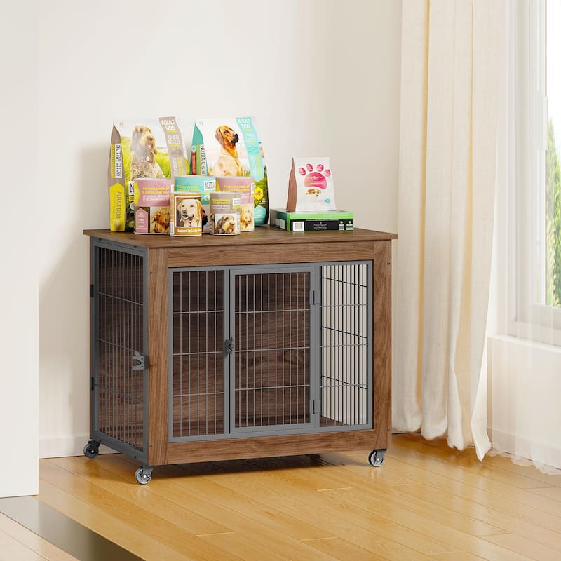 32.5" Dog Crate Furniture with Wheels for Small Dogs, Heavy Duty Dog Kennel Indoor with 2 Doors, Dog Cage for Anxiety Dog