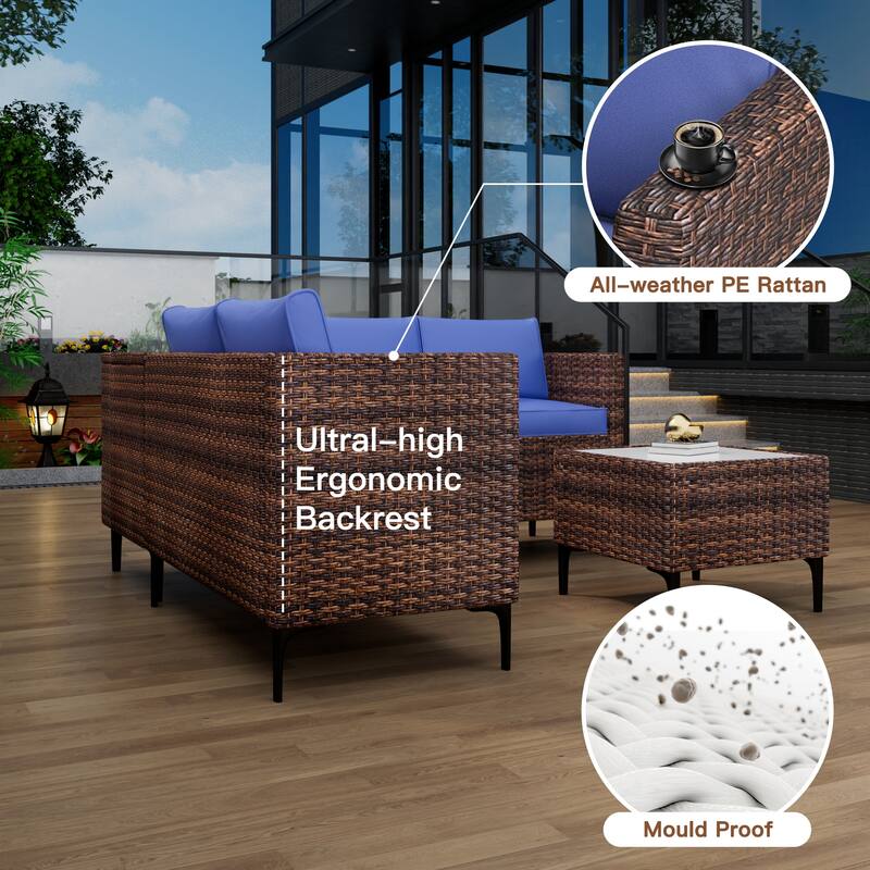 4-Piece Rattan Patio Set – Modular Sectional with Storage Box & Glass Table, Weather-Resistant for Outdoor Lounge,