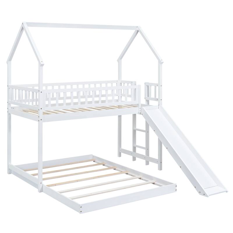 Roomfitters Twin over Full House Bunk Bed with Slide, Built-in Ladder and Full-Length Safety Rail