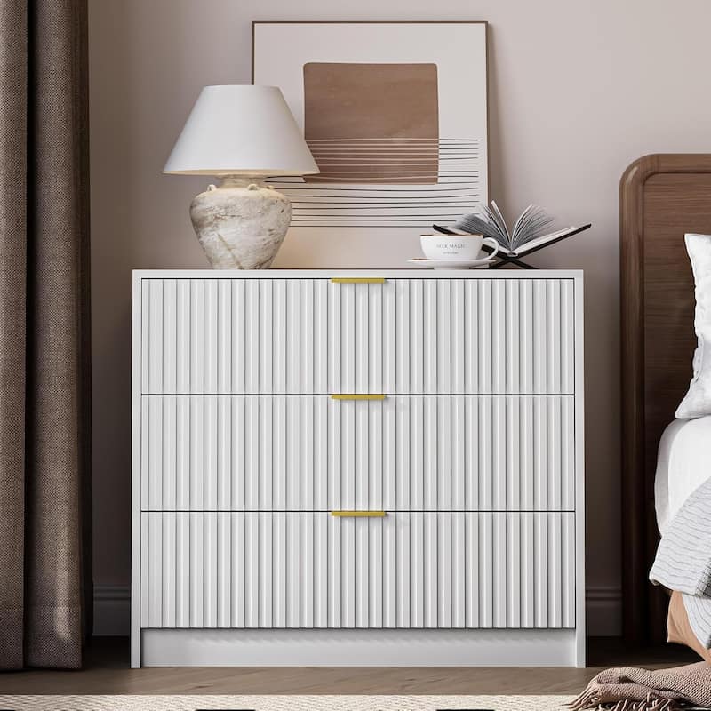 3 Drawer Fluted Dresser, 32 Inch Wide Nightstand with Large Drawer End Table for Bedroom