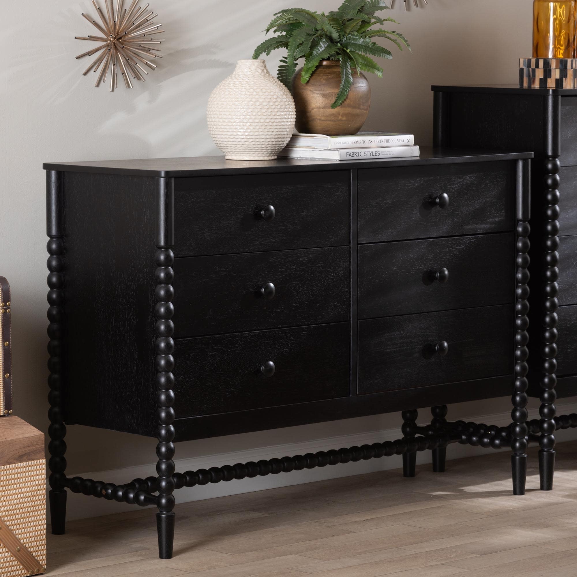 Brantley Spindle Dresser - 6-Drawer Horizontal Storage Cabinet with Beaded Frame and Elevated Base for Bedroom Brantley Spindle Dresser - 6-Drawer Horizontal Storage Cabinet with Beaded Frame and Elevated Base for Bedroom