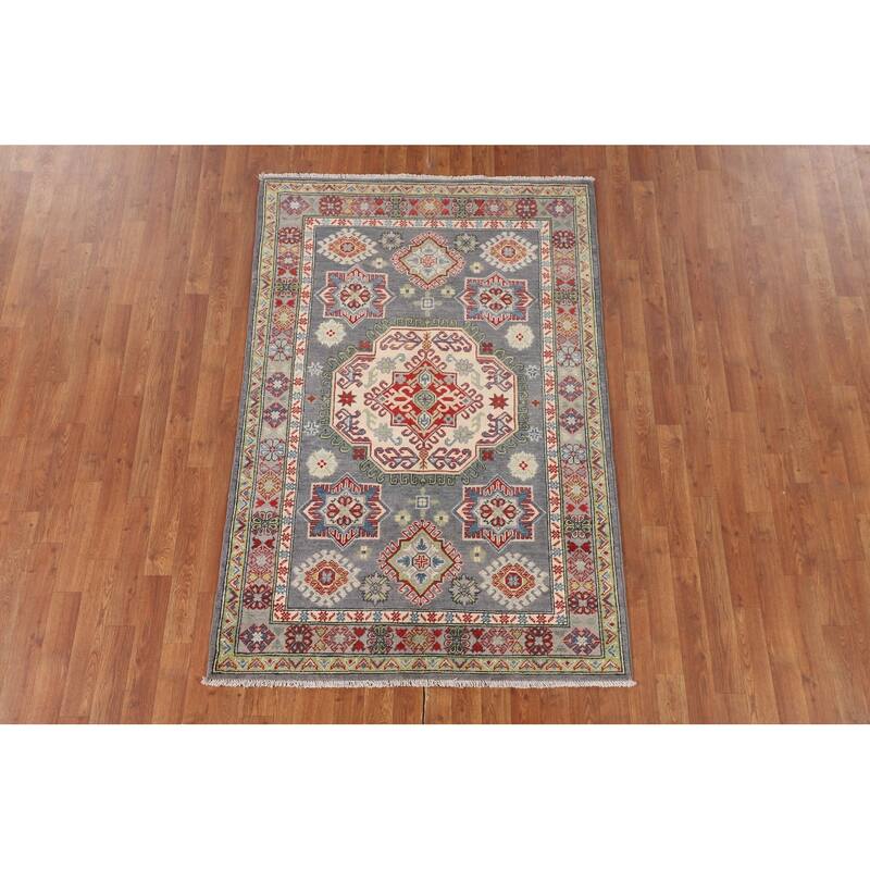 Geometric Kazak Rug Hand-Knotted Grey Oriental Wool Carpet - 4'0" x 6'0"