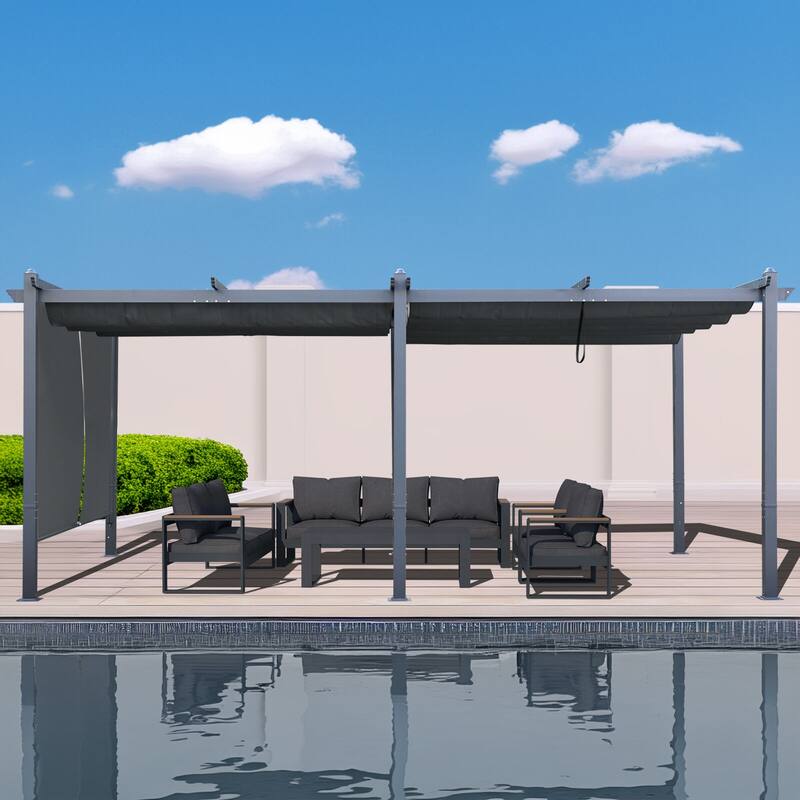 Aoodor Outdoor Pergola with Retractable Shade Canopy, Dark Gray Matte Aluminum Frame