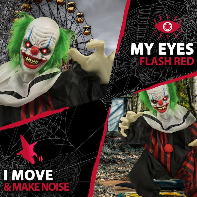 Life-Size Animatronic Crouching Clown with Lights and Sound, Indoor or Covered Outdoor Halloween Decoration