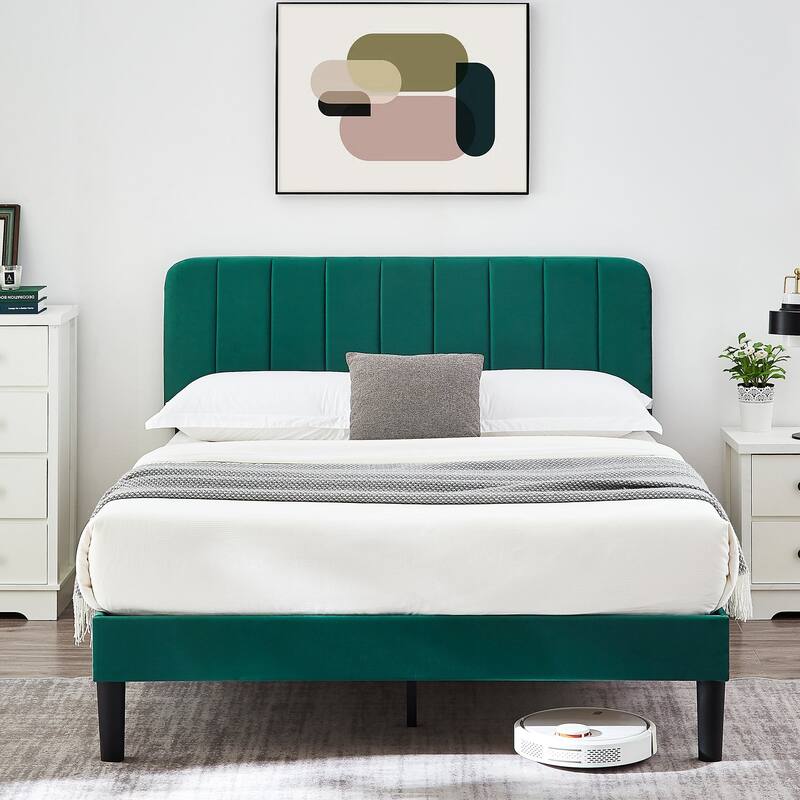 Javlergo Upholstered Platform Bed Frames with Height Adjustable Headboard, Sturdy Wooden Slats/Noise-free - Green - Queen