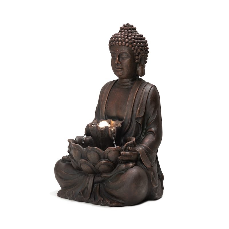 Glitzhome Meditating Buddha Patio Floor Fountain with Lotus and LED