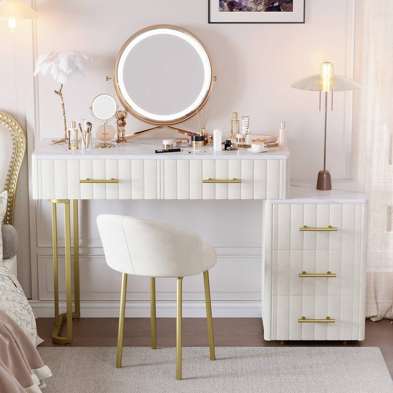 Velvet Upholstered Vanity Desk with Chair, Marble-Look Sticker Top Makeup Vanity - Beige