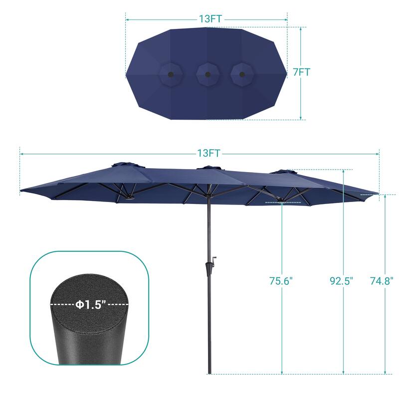 BONOSUKI 13 x 7.2Ft Double-Sided Patio Umbrella with Large Canopy Outdoor Table Umbrella for Garden and pool, Navy Blue