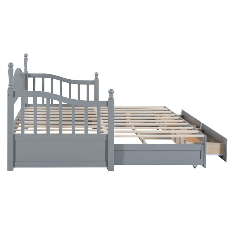 Gray Twin Size Wooden Daybed with Two Storage Drawers and Trundle for Bedroom