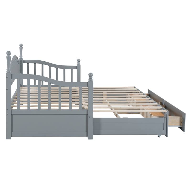 Twin Size Wood Daybed with Trundle and 2 Storage Drawers