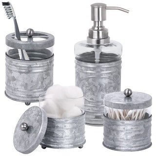 Autumn Alley Farmhouse Glass & Metal Bathroom Accessories Set 4 PCS - Soap Dispenser, Toothbrush Holder, 2 Apothecary Jars