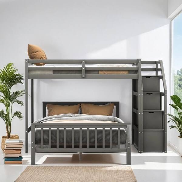 slide 2 of 17, Elegant Twin over Full Loft Bed with Staircase, Ladder with 3 Storage Grids, Sturdy Construction & Safety Guaranteed, Grey Grey