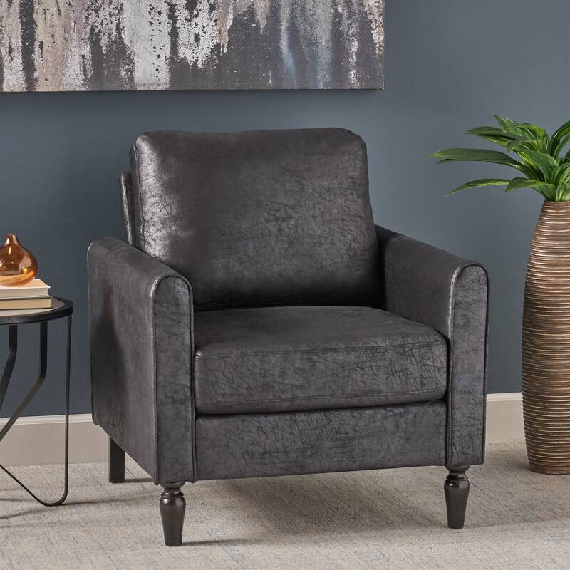 Roomfitters Sleek Upholstered Armchair, Modern Living Room Chair with Durable Faux Leather, Turned Wooden Legs
