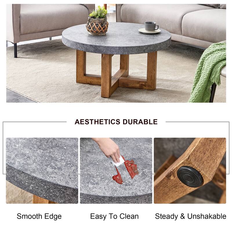 Roomfitters Round MDF Coffee Table with Gray Textured Finish, Retro 31.4" Circular Accent Table for Living Room Decor, Gray