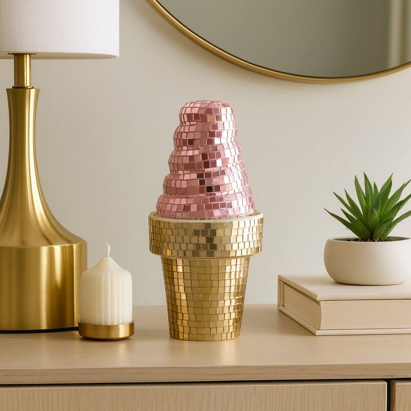 Mosaic Mirror Ice Cream Decorative Figurine - Pink/Gold - 4.25" x 4.25" x 9"