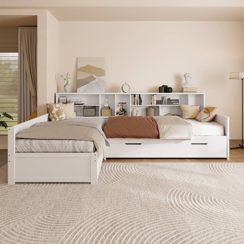 Wooden L Shaped Daybed with Under-bed Trundle and Storage Drawer - White