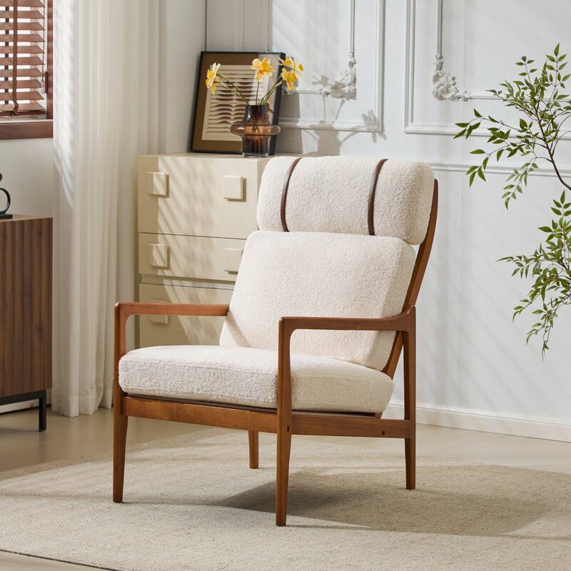 Mid Century Modern Accent Armchair, Solid Wood Frame with High Back, Beige Upholstered Cushions, Ergonomic Lounge Chair - Walnut