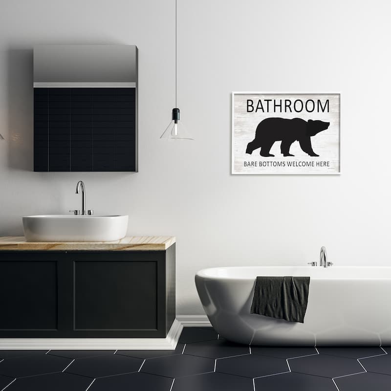 Stupell Bathroom Bare Bottoms Welcome Here Funny Rustic Bear Framed Wall Art - Off-White