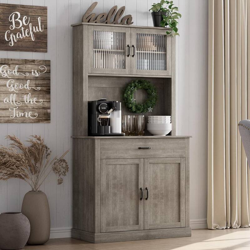 Kitchen Pantry Cabinet, 71" Tall Kitchen Hutch Storage Cabinet with Microwave Stand, Freestanding Buffet Cabinet For Home - Gray