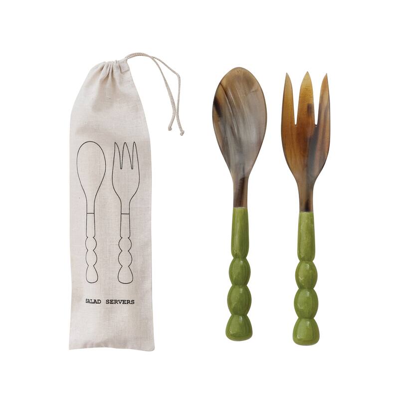 2-Piece Natural Horn Salad Server Set with Marbled Resin Handles - Green - 12.0"L x 2.5"W x 1.25"H