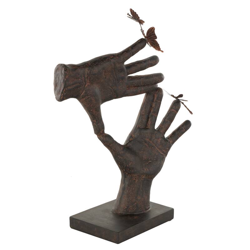 Dark Brown Polystone Sign Hands Decorative Sculpture with Butterrfly Accents