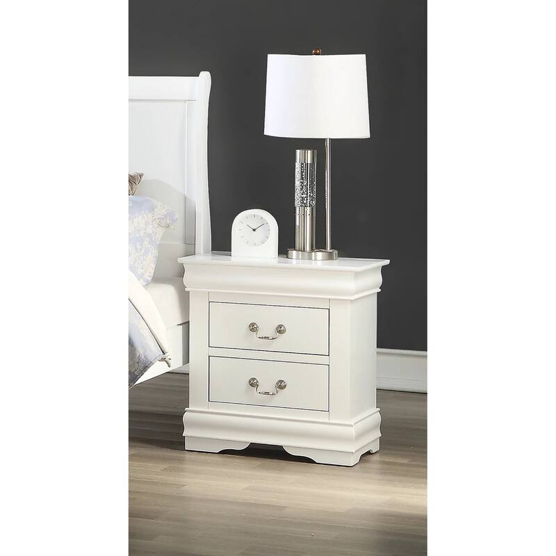 Elegant White Nightstand with Antique Brass Pulls, Solid Wood Construction