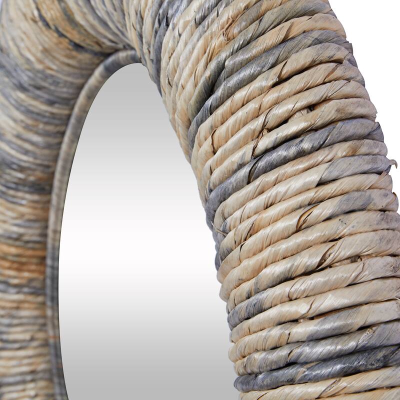 Gray Banana Leaf Room Wall Mirror with Coiled Frame and Blue Accents - 35 x 3 x 35 Round