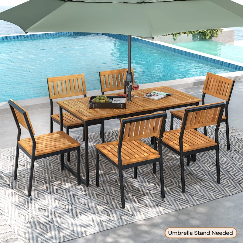 Gymax 7 PCS Outdoor Dining Set for 6 Acacia Wood Rectangular Table & 6