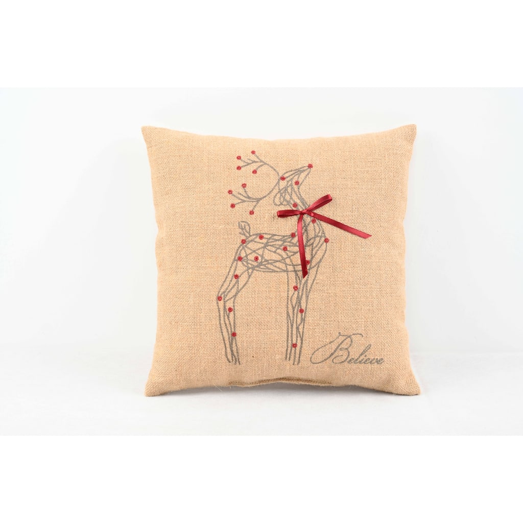 Rustic Reindeer Christmas Pillow Poly Filled, 14 by 14-Inch
