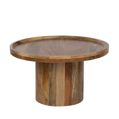 Round Mango Wood Coffee Table with Rimmed Bowl Top - 27.5" Wide Rustic Pedestal Base for Living Room