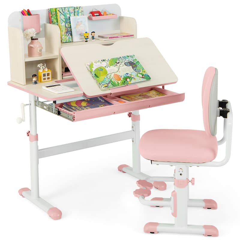 Gymax Pink Kids Desk & Chair Set Height Adjustable Children School