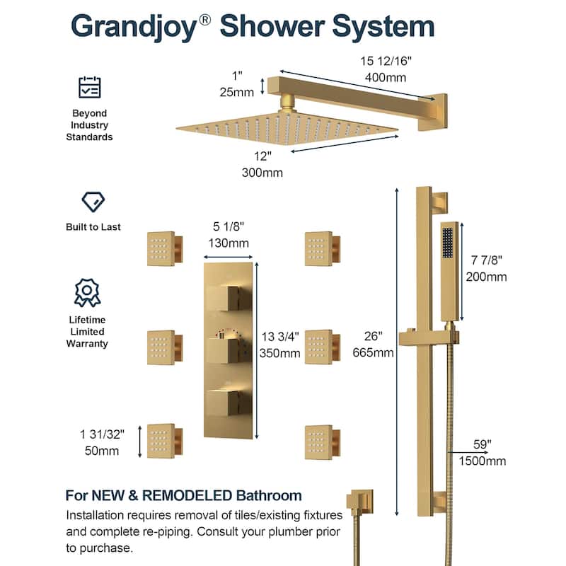 GRANDJOY Thermostatic Shower Faucet Set 12" Wall Mount Rainfall Shower Head Handheld Spray with Slide Bar Body Jets