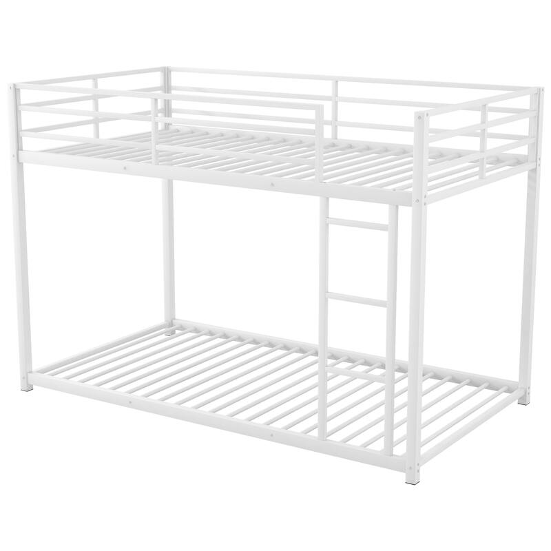 Twin Over Twin Low Metal Bunk Bed with Ladder, White