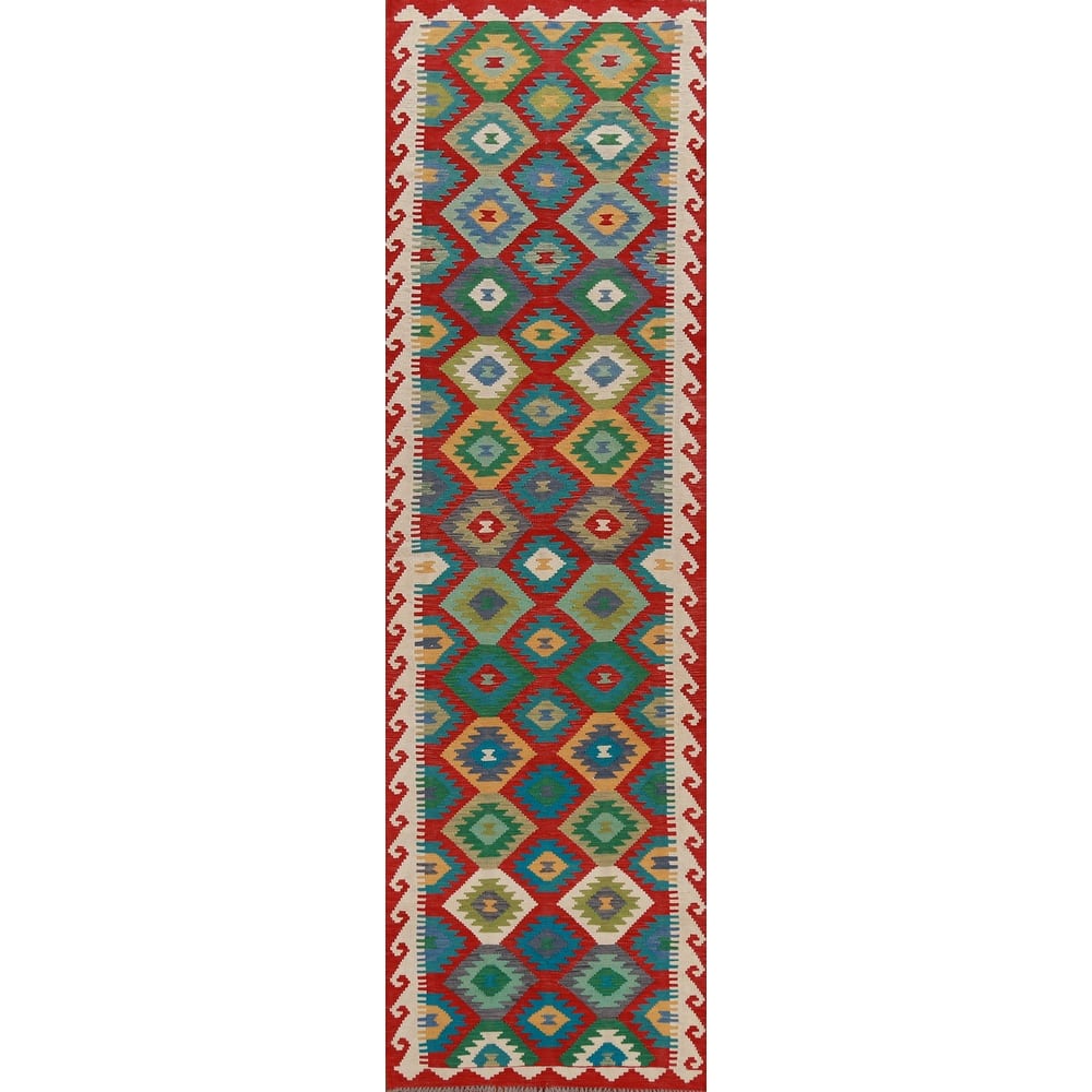 Hand Woven Oriental 100% Wool Carpet Southwestern All-Over Multi-Colored Kilim Runner Rug - 12' 10'' X 2' 9''