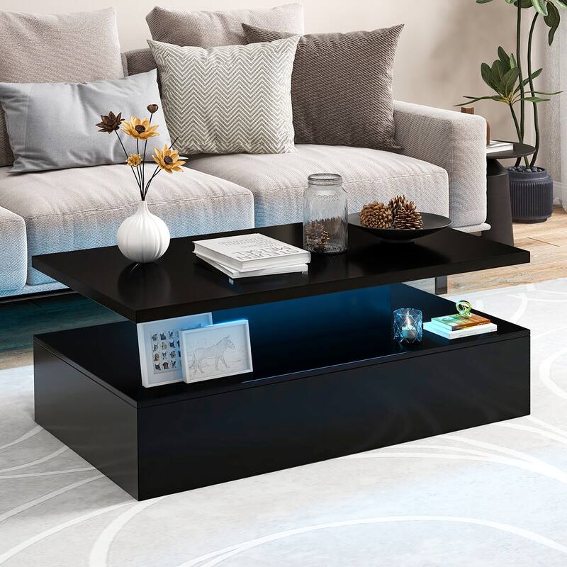 Gymax LED Coffee Table 2-Tier High Glossy with Adjustable Light &