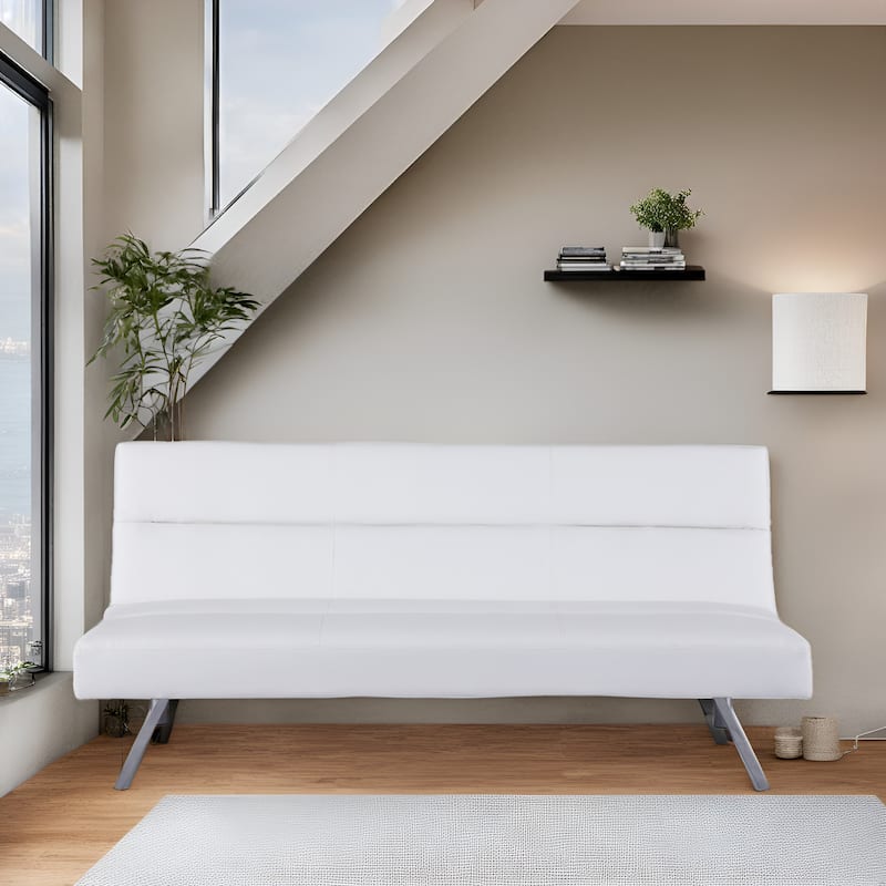 Modern Faux Leather Futon Sofa Bed - Convertible Folding Couch with Chrome Legs, Small Reclining Sofa