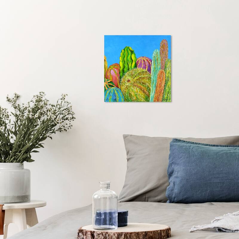 Wynwood Studio Canvas Floral and Botanical Vivian Fache - Giro-Cactus II Right Blue and Tropical Wall Art Canvas Print - 12 x 12