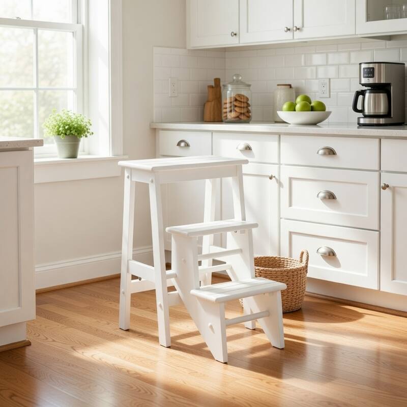24 Inch 3 Level Step Stool, Plank Tops and Safety Latch, Classic White Wood