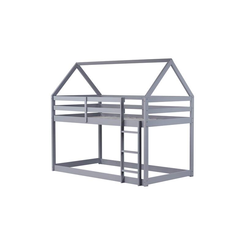 House-shaped Bed Frame, Twin Over Twin Low Bunk Bed with House Roof, No Slats Floor Bed, Ladder and Guardrails, Floor Bunk Bed