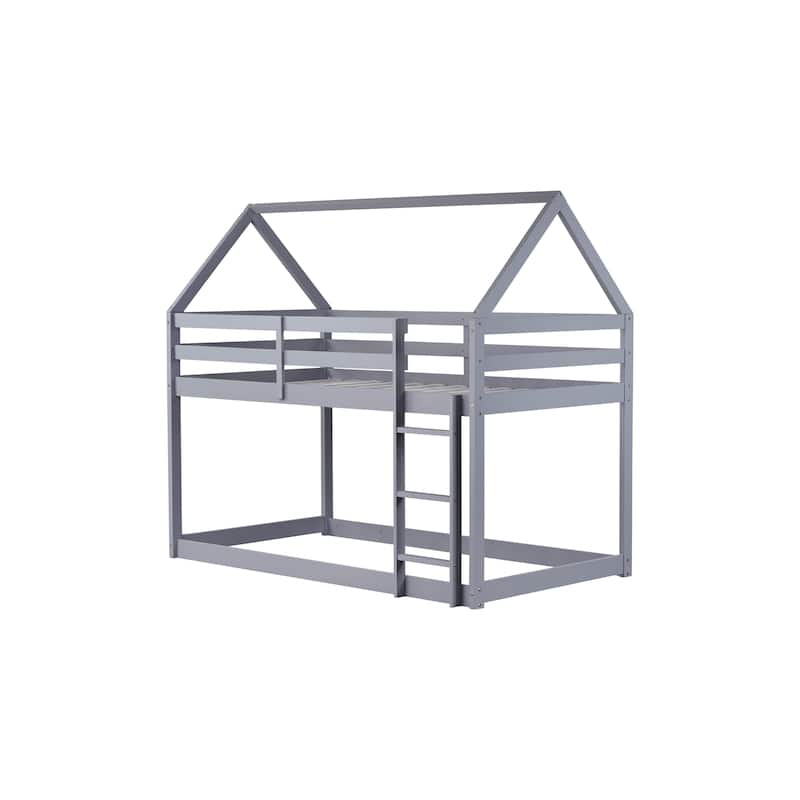 Rubber Wood Floor Bunk Bed, with ladder,Guardrails,House-Shaped-Bunk Bed
