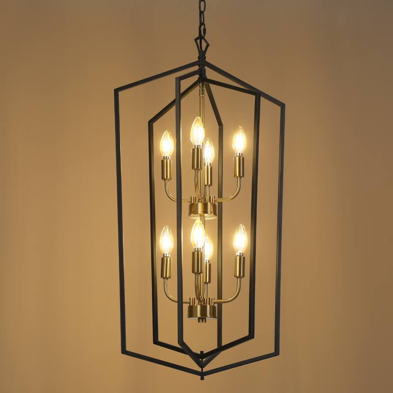 Modern 8-Light Geometric Chandelier Black Copper Lantern Pendant for Kitchen Dining Room - 17.7 " × 14.3 " × 34.3 "