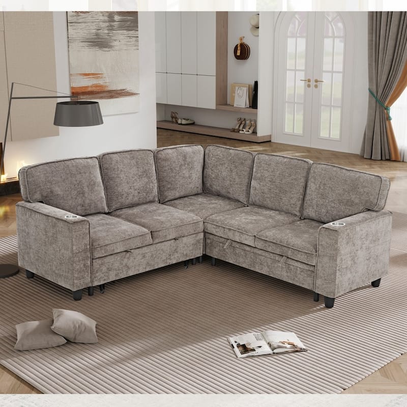 Modern L-shape Sectional Sofa Couch with Pull Out Sofa Bed Storage Seat and USB