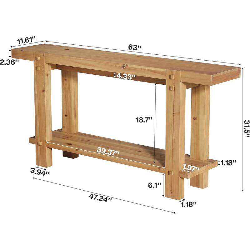 63" Long Farmhouse 2-Tier Solid Wood Console Table for Entryway, Living Room, Hallway, Easy Assembly